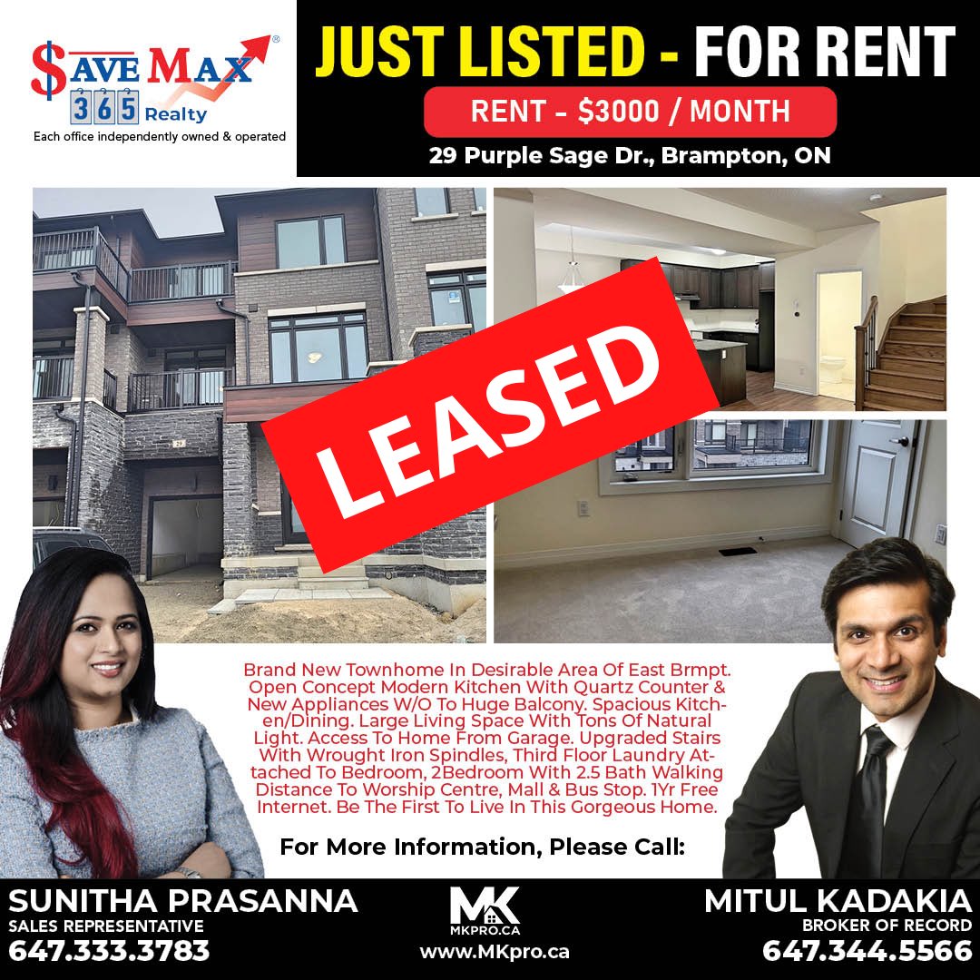 Mitulkadakia's tweet photo. We were able to get this townhouse #leased in just a few days.
For similar results get in touch with us. DM for deets.
.
#listingagent #teamwork #townhouse #brampton #sellersagent #savemax365 #team #teammitul #realtor #realtorsunitha #realestate #mitulkadakia https://t.co/AOSNpFDlkt