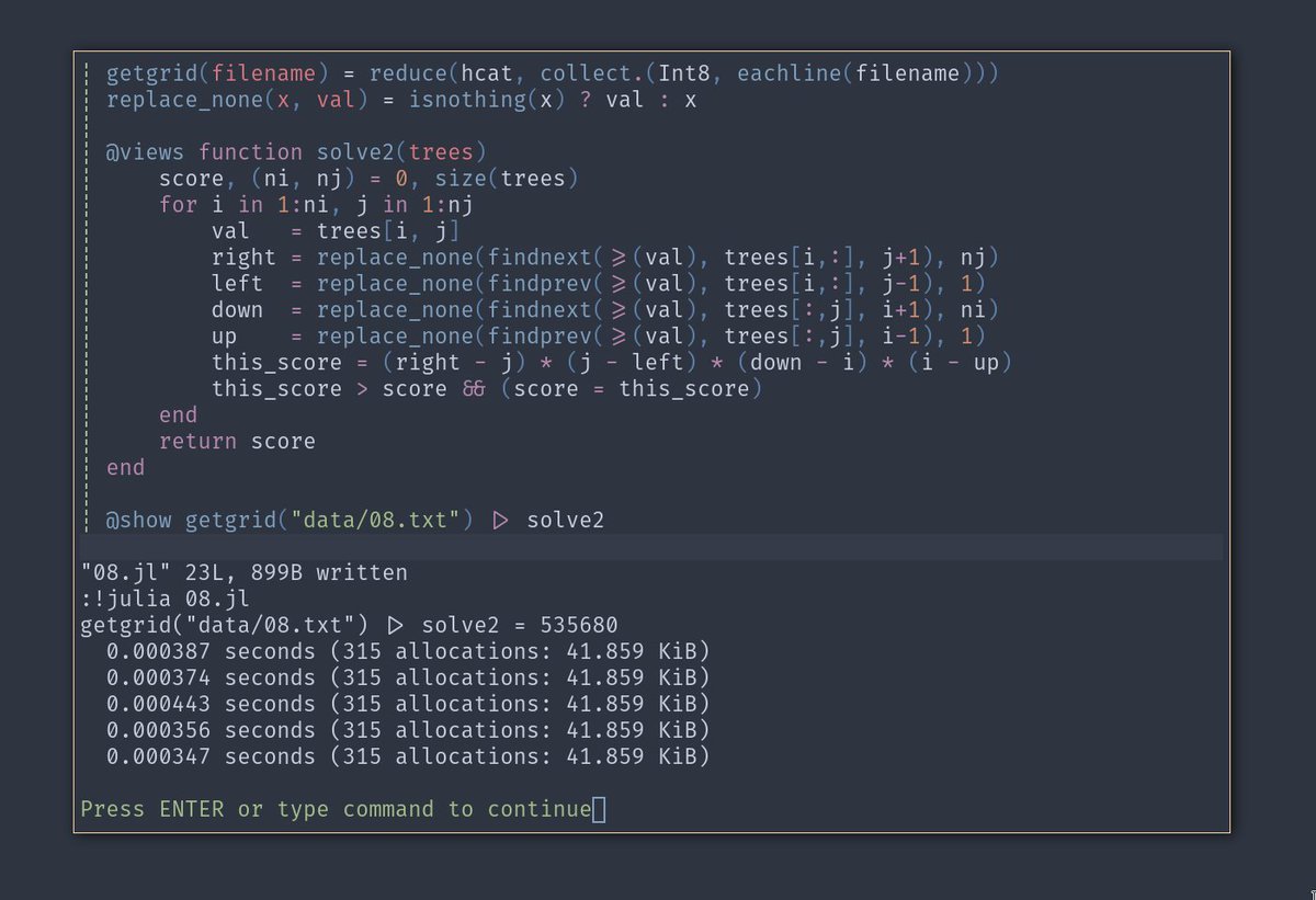 rawlexander's tweet image. AoC pt2: `views` seem overpowered for these things, if only I knew how to write the middle -1 going insane, or +1? or maybe -length... send help 🤪
#JuliaLang #AdventOfCode