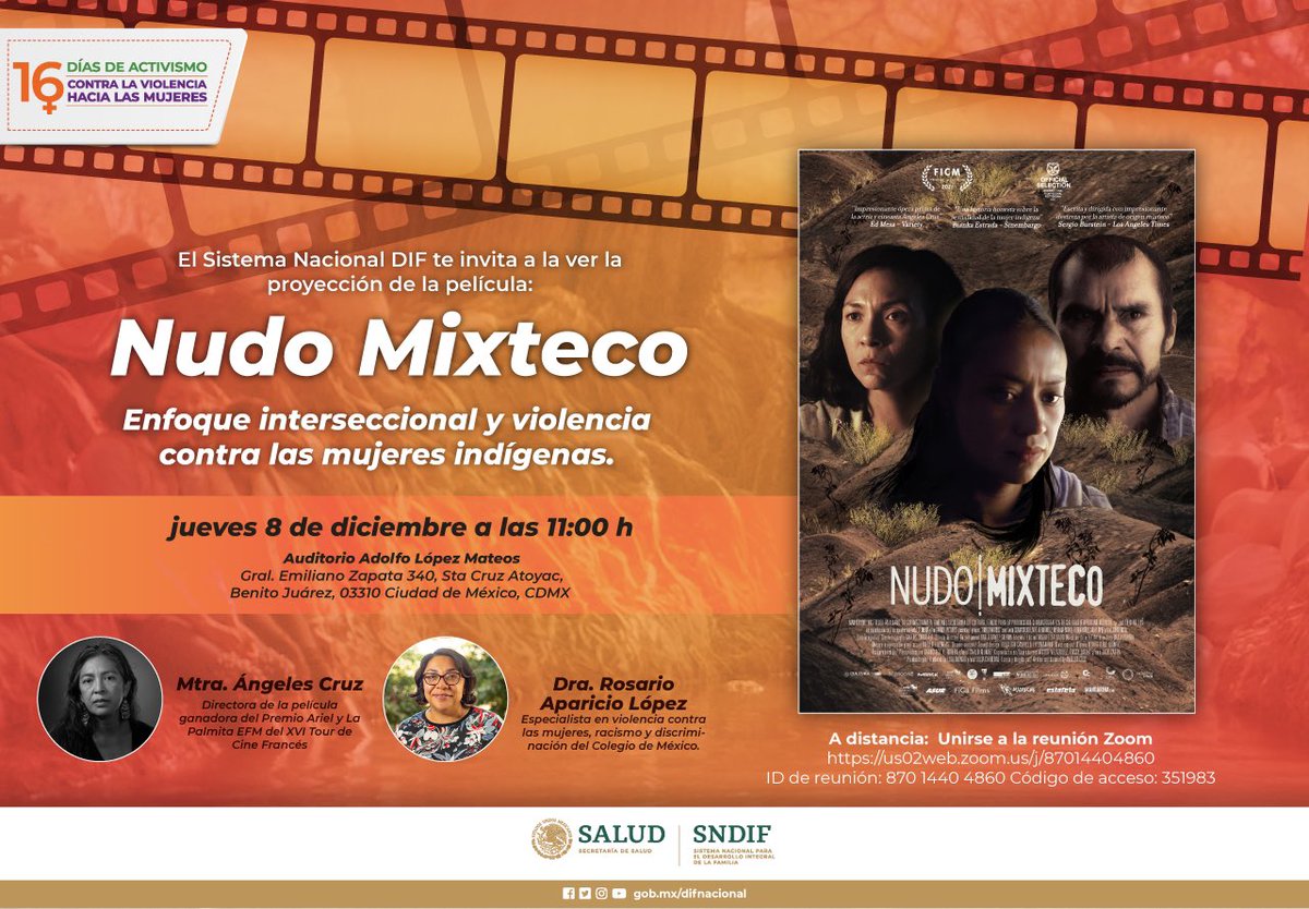 SNDIF (@dif_nmx) on Twitter photo ¡Hoy cine debate en el #SNDIF! 📽️Proyección de Nudo Mixteco con la voz de la directora Ángeles Cruz.
#16DíasdeActivismo te invitamos junto con la Dra. <a href="/RosarioAparis/">Rosario Aparicio</a> para dialogar desde lo colectivo y lo comunitario en las historias de las mujeres.
🗓️08 dic, 11h
📍#SNDIF ¡Hoy cine debate en el #SNDIF! 📽️Proyección de Nudo Mixteco con la voz de la directora Ángeles Cruz.
#16DíasdeActivismo te invitamos junto con la Dra. <a href="/RosarioAparis/">Rosario Aparicio</a> para dialogar desde lo colectivo y lo comunitario en las historias de las mujeres.
🗓️08 dic, 11h
📍#SNDIF