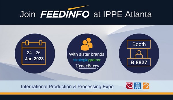 Will you be in Atlanta for IPPE in January? Join Feedinfo and sister market intelligence teams <a href="/StrategieGrains/">Stratégie Grains</a> (for #grains, #oilseeds and #biofuels markets) and <a href="/urnerbarry/">Urner Barry</a> (for #animalproteins sectors), at booth B8827 in Atlanta on 24 - 26 January! #animalfeed #animalnutrition