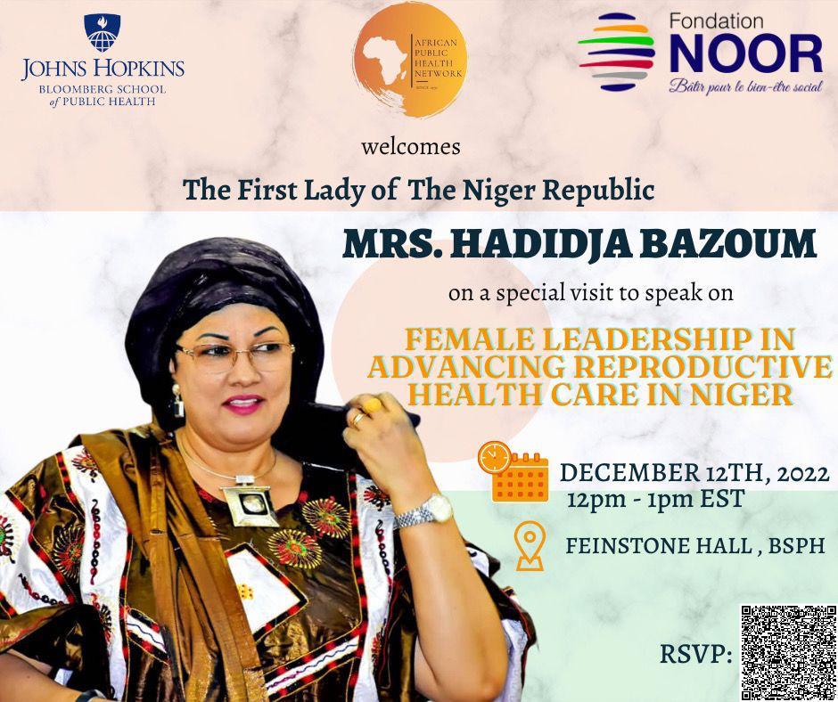The First Lady of The Niger Republic, Mrs. Hadidja Bazoum, at The Johns Hopkins Bloomberg School of Public Health, to discuss advancing Reproductive Health in The Republic of Niger.
#JohnsHopskinsBloombergSchoolofPublicHealth #FemaleadershipinAdvancingReproductivehealth
