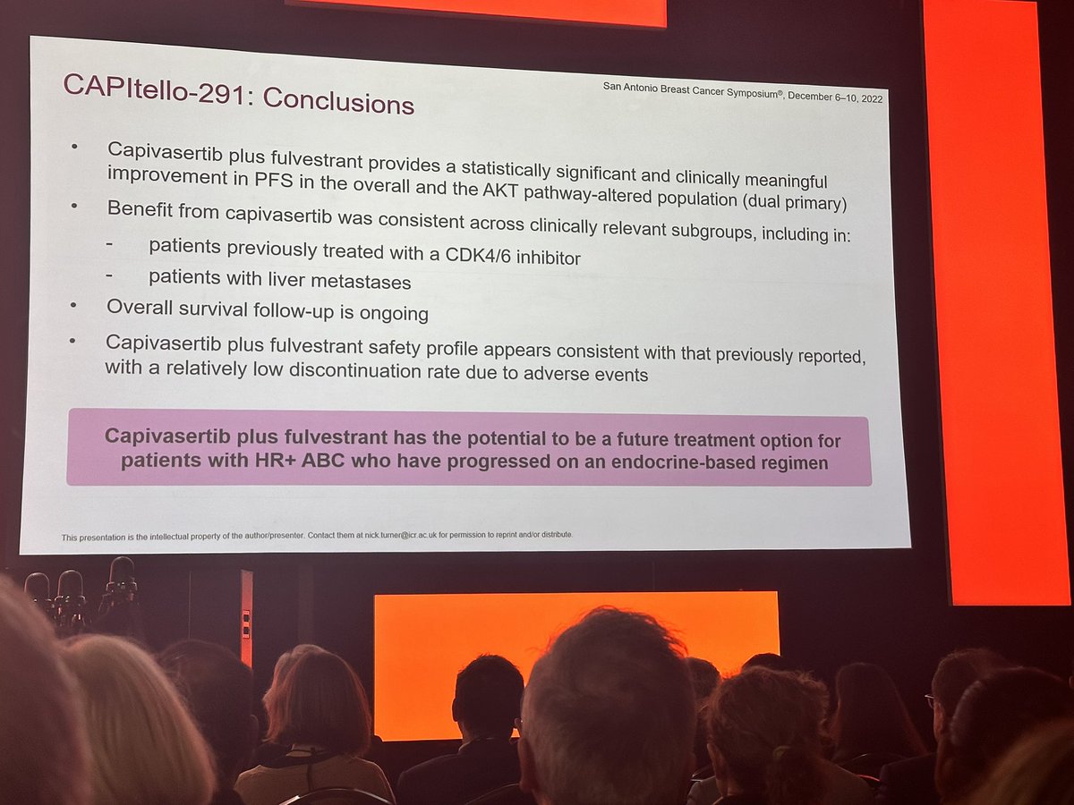 JAMouabbi's tweet photo. #CAPItello291 showed that FUL + #capivasertib (AKTi)
~2x PFS 📈 (HR 0.60) in ITT
>2x PFS 📈 (HR 0.50) in AKT altered pathway
Trend toward 📈 OS
Prior CDK use ~70%
No prior SERD
👉🏻13% discon.; 72% diarrhea (G1)
#SABCS22 #EndCancer @OncoAlert
👏🏼@AstraZeneca https://t.co/JNtKj5Rtgi