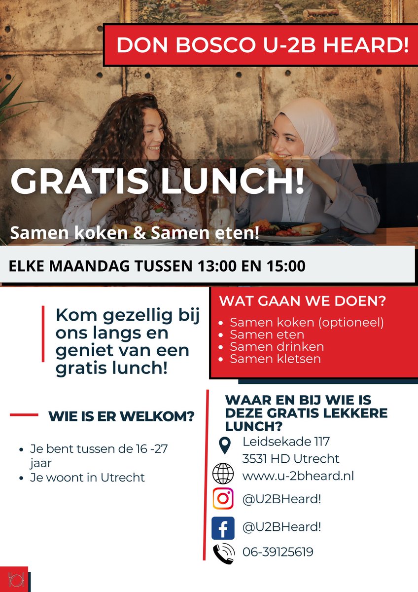 EEN WARME KAMER EN LUNCH!!

Vanaf maandag 12 december ben je welkom om gratis mee te lunchen. Elke maandag tussen 13:00 en 15:00 uur, in een warme kamer met andere jongeren tussen de 16 en 27 jaar.