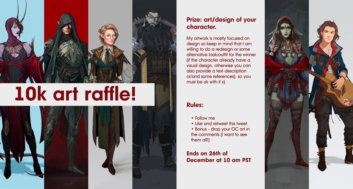 I am almost on 10k followers so as I promised lets do an art raffle!

Prize: art/design of your character✨

Rules:
🌟 Follow me
🌟 Like and retweet this tweet
🌟 Bonus - drop your OC art in the comments

Ends on 26.12.22 at 10am PST

Good luck and thank you for following me! 😊