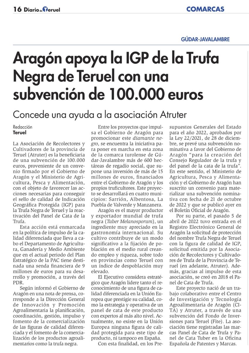 Jegeaserrano's tweet photo. Lo que en realidad hace el Gobierno de Aragón es dar la IGP de Trufa negra de Teruel los 100.000€ que se consiguieron en los PGE 2022 gracias a una enmienda de Teruel Existe. Que sino contamos las cosas bien parecerá que el Gobierno de Aragón da dinero de sus fondos. https://t.co/Usr9fA05cc
