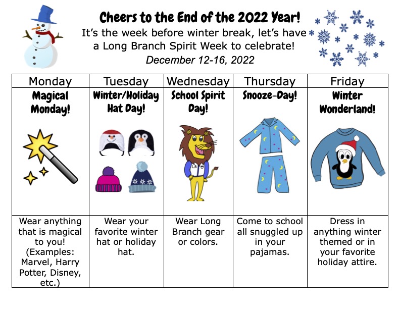 Hey <a target='_blank' href='http://twitter.com/longbranch_es'>@longbranch_es</a> lions...we will have a SPIRIT WEEK next week for our last full week of school in 2022 (that's a lot of week in 1 sentence 😅). Let's celebrate together before we leave for break and see each other in 2023!! <a target='_blank' href='https://t.co/IQ3Fq9ARdU'>https://t.co/IQ3Fq9ARdU</a>