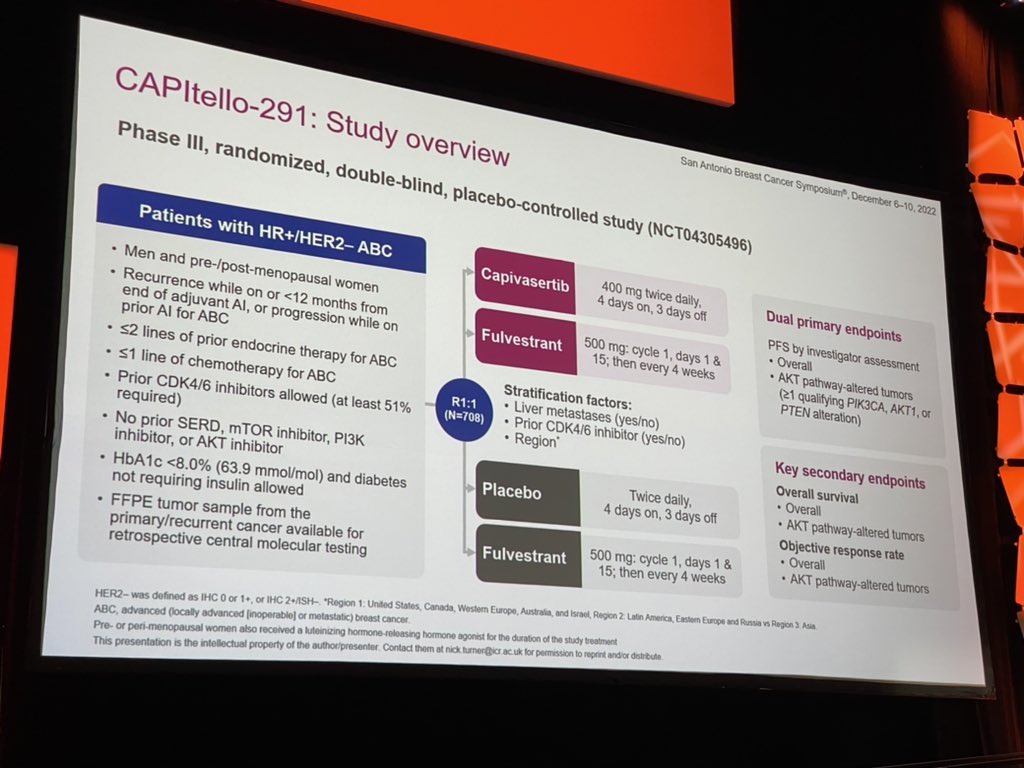 matteolambe's tweet photo. Great results from #CAPItello291 trial just presented at #SABCS22 showing improved outcomes with the addition of #capivasertib to fulvestrant in pretreated patients with advanced HR+/HER2- #BreastCancer
@SABCSSanAntonio @OncoAlert #bcsm https://t.co/9UpDNuGw7F