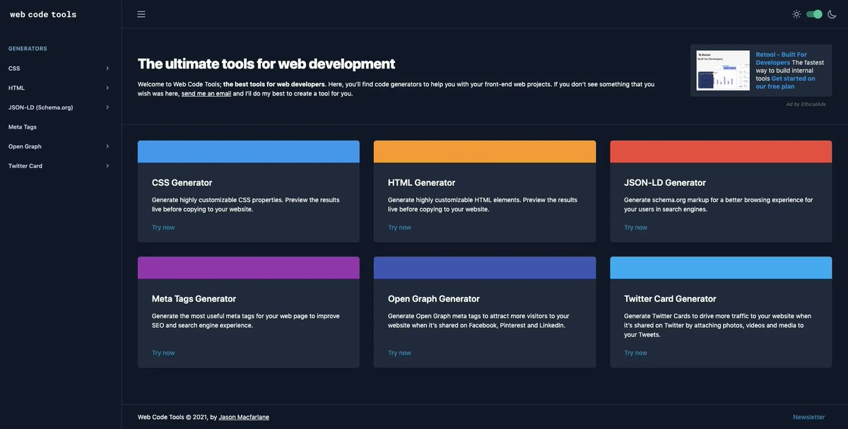 carmenansio's tweet image. Web Code Tools es una colección de Generadores de código muy útiles para desarrollo web.

Podrás crear snippets de animaciones, transiciones, elementos de formularios, layouts, degradados... 👇

buff.ly/3xxsKWI