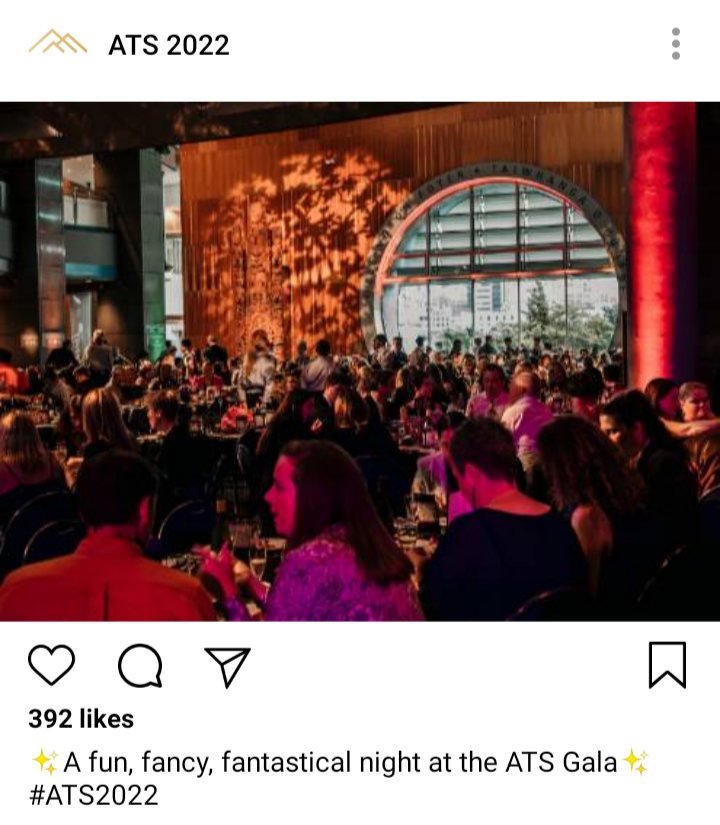 ATS IG account: image of Gala interior, a crowd at a party. Caption reads "A fun, fancy, fantastical night at ATS Gala #ATS2022" 