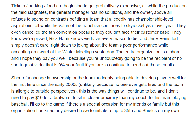 SoxMach_pnoles's tweet image. A #WhiteSox ticket rep reached out to me about my experience as a fan and my plans for 2023. I told her I had nothing to offer but expletives and complaints, and wouldn't be getting a ticket package.

She replied encouraging me to elaborate, so I did.