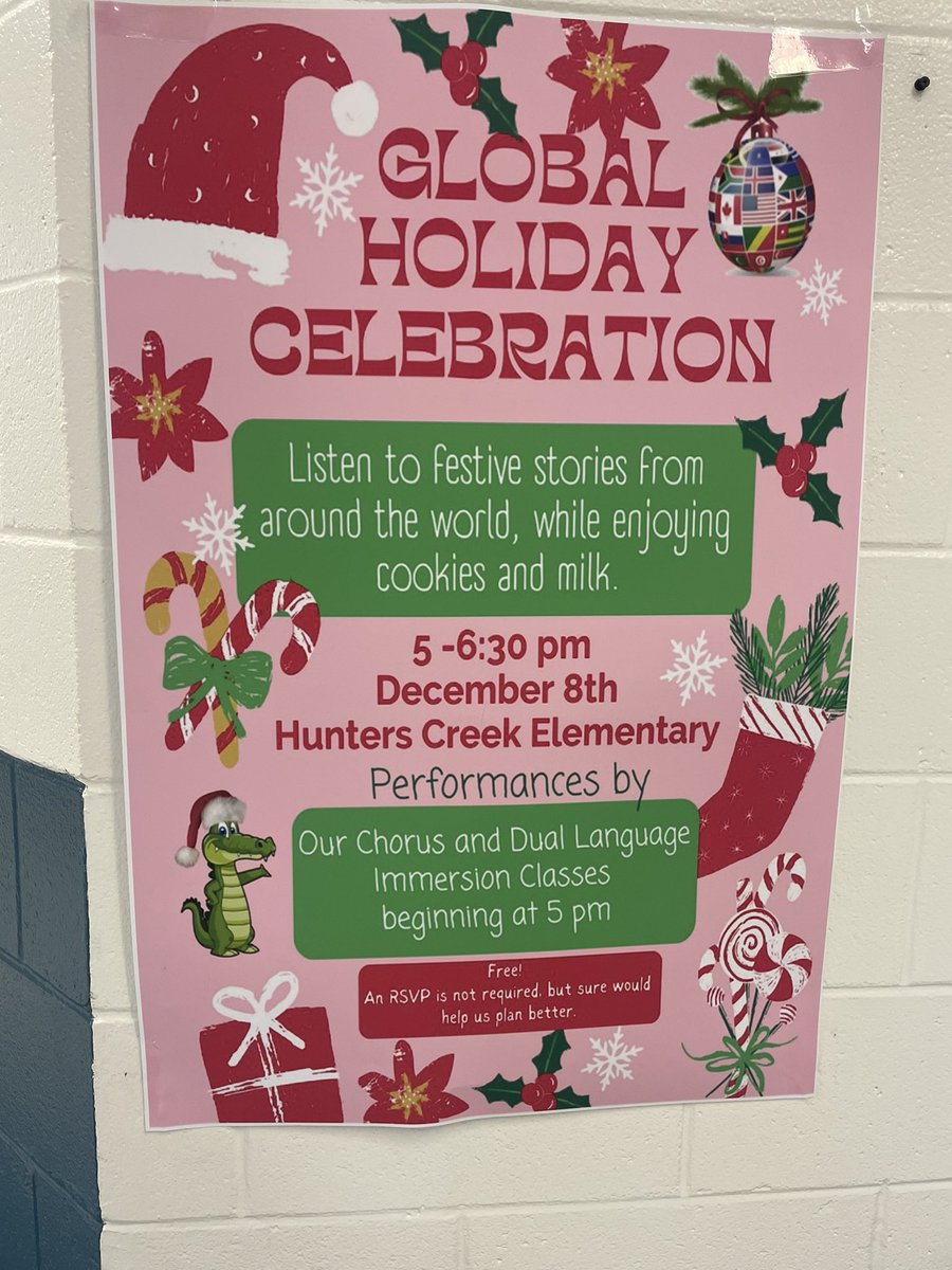Come out to Hunters Creek Elementary  tonight for the Global Holiday Celebration! Enjoy festive stories from around the world, music performances, cookies, and milk! @GailPylant @Analopez849 @TeachWithGlobal @ocsinstruction @OnslowSchools  #ocsglobal #ocsdli