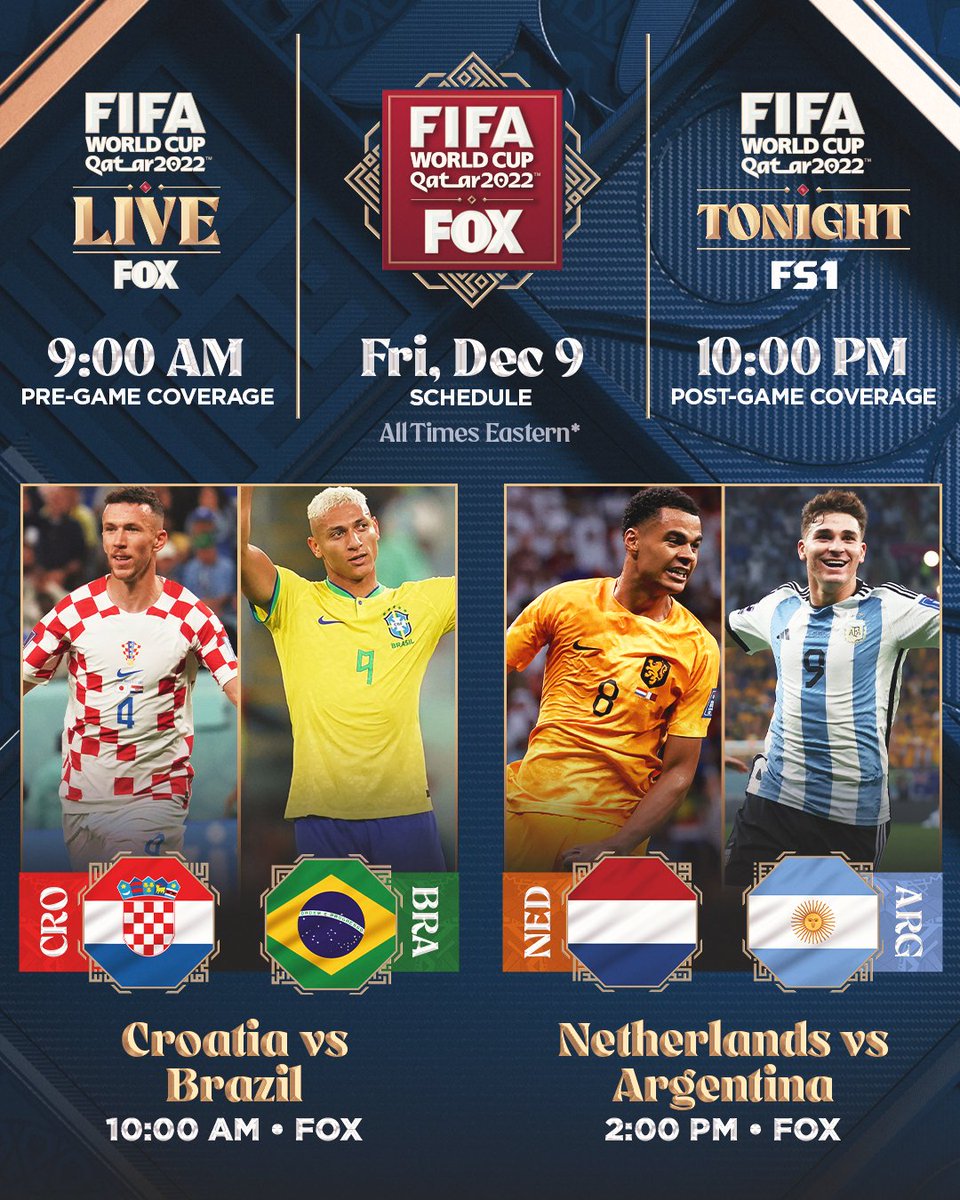 FOX Soccer on X: The 2022 FIFA World Cup Quarterfinals are almost here 😍  Which of these games are you most excited to watch?   / X