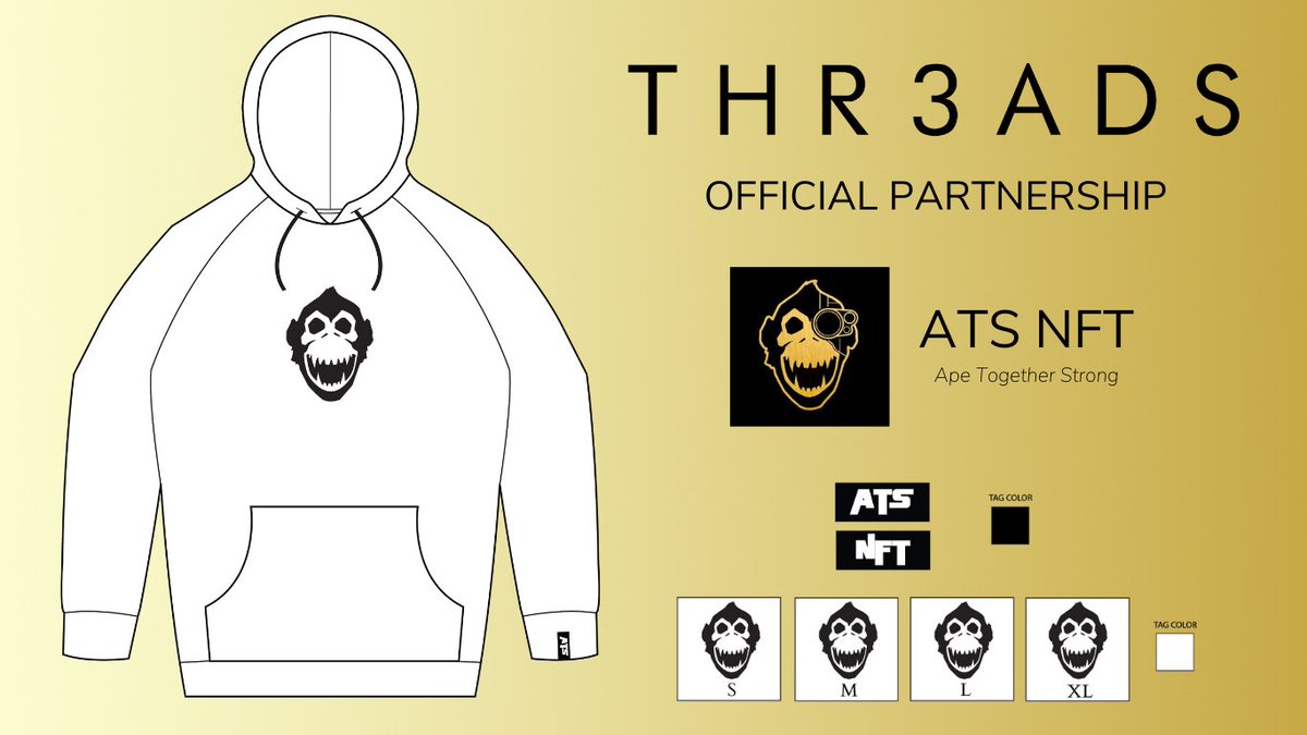 ATSNFT's tweet image. We are happy to announce our partnership with @_THR3ADS to allow our holders access to high quality, custom merchandise. 

We will be giving our @ATSNFT holders our cost price for an instant utility. 

To the moon, apes! 🍌🚀