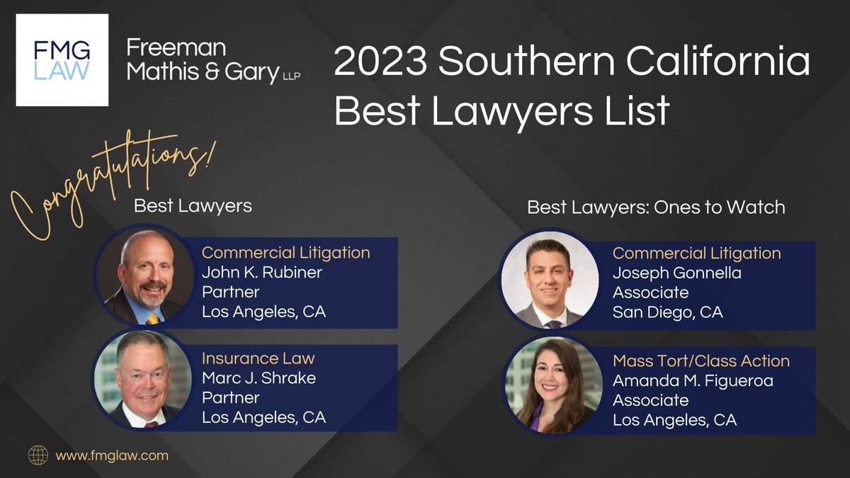 FMGLaw's tweet image. FMG is proud to have these outstanding attorneys listed in the 2023 Best Lawyers list for Southern California. This is an incredible achievement &amp;amp; recognizes the hard work &amp;amp; dedication they have to their practice. 
Join us in congratulating them!
#FMGLaw #BestLawyers #OnesToWatch