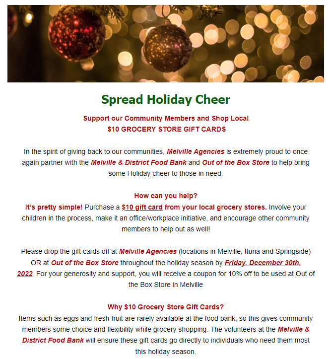 MA1974LTD's tweet photo. Help us spread holiday cheer again this year! Purchase a $10 gift card from your local grocery store and drop it off at any @MA1974LTD location or Out of the Box Store by Fri, Dec 30. Click pic for full details. #MelvilleAndDistrictFoodBank #GiveWhereYouLive #OurMelville https://t.co/JnKkO9YhIq
