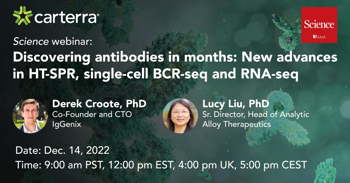 carterra_bio's tweet photo. Join the Science webinar on Dec. 14th in collaboration with scientists from #IgGenix, Inc and #AlloyTherapeutics, Inc. Therapeutics as they discuss advanced methods in #antibodydiscovery.

https://t.co/OrE62EhyZW

#genomics #singlecell #scRNAseq #RNAseq #RNAsequencing https://t.co/uAIotZK8Dk