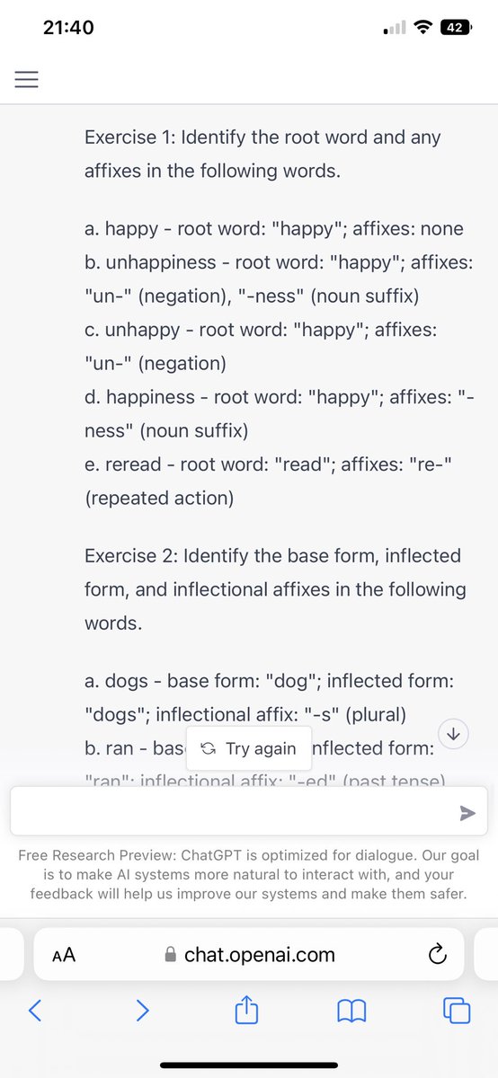 The new #ChatGPT has me hooked!
The prompt I tried:
Give me a morphology worksheet with exercises and solutions.
Part of what I received: