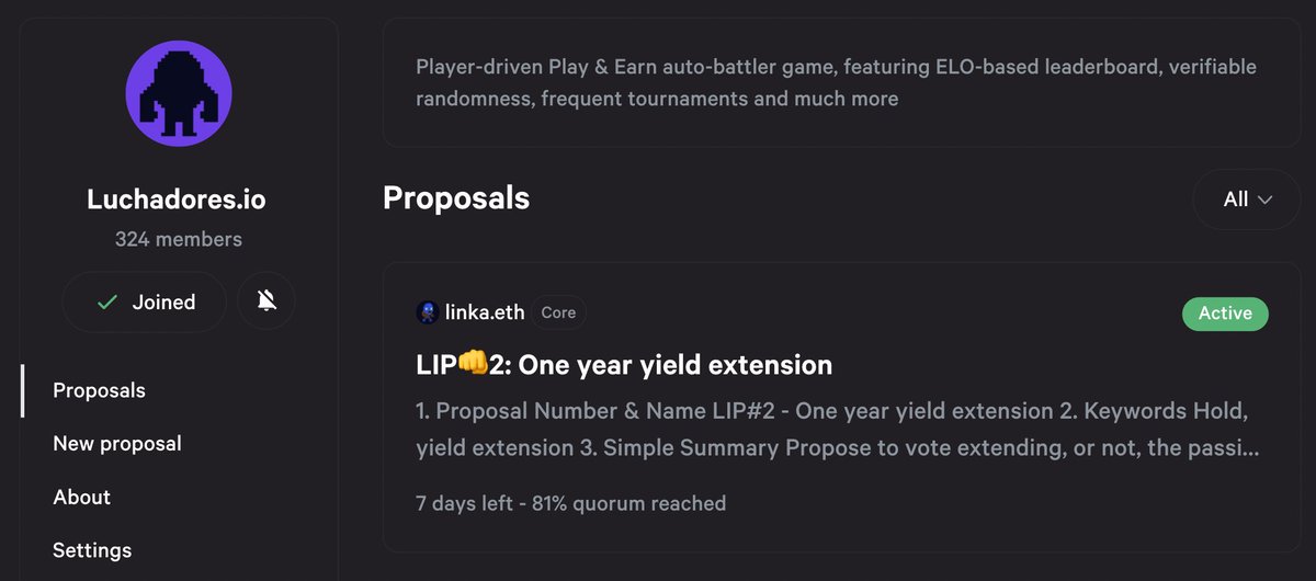 PlayLuchamon's tweet photo. 🗳️Voting to extend the $LUCHA yield by 1 year is now live!

🕰️Voting ends 15th Dec, 3:33pm UTC
🤼1 Luchador = 1 vote

⚡️Vote here https://t.co/DSEBIThVn6

👾Discord discussion
https://t.co/H8pOz4l2NR https://t.co/7sebdYJWZo