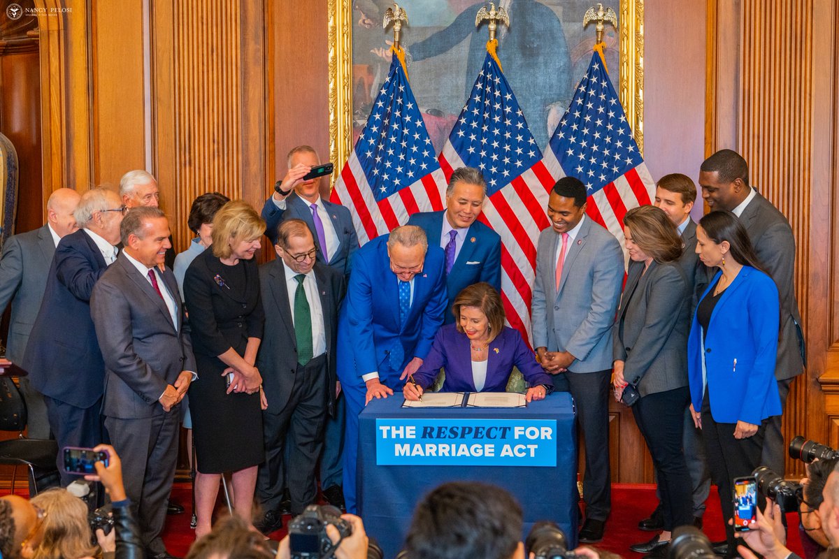 SpeakerPelosi's tweet photo. It brings me great personal pride that the Respect for Marriage Act is one of the final bills to bear my signature as Speaker.
 
This legislation – which now heads to @POTUS’ desk – expresses a value that our nation holds dear: liberty, equality and dignity for all. https://t.co/ImBeY27dAg