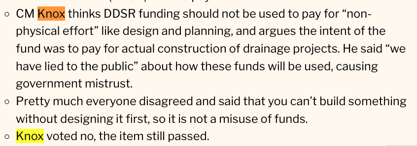 Comedic highlight of yesterday's Houston City Council meeting, via @emilytakesnotes: Councilmember Knox says drainage $$ shouldn't go to 'non-physical effort' like planning & design. The problem: You can't build something without planning and design. emilytakesnotes.com/2022/12/08/12-…