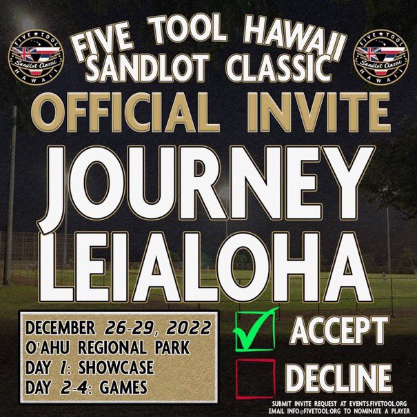 Mahalo <a href="/ClassicHawaii/">Hawaii Sandlot Classic</a> <a href="/FiveToolHI/">Five Tool Hawaii</a> for the opportunity to play in this event. I look forward to competing against some of best in the State.