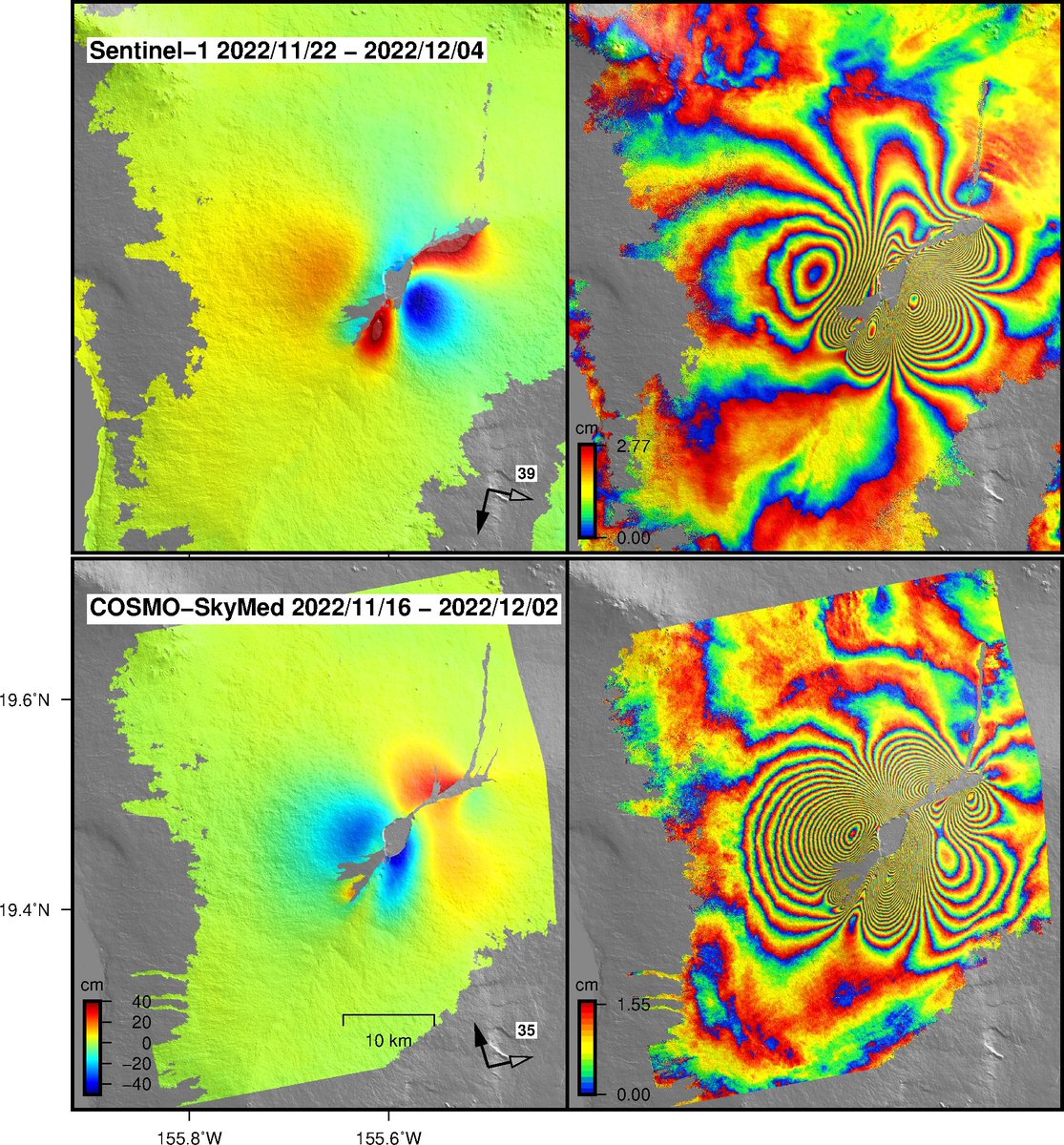 Sentinel-1 descending and COSMO-SkyMed ascending interferograms of the Mauna Loa eruption. Deformation is ground displacement in the radar line-of-sight