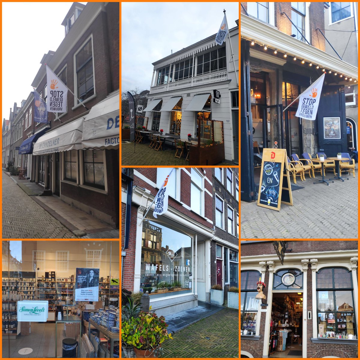 SoroptiDelft's tweet photo. In #Delft hebben ook veel ondernemers op de Markt en in de binnenstad zich achter de #OrangeTheWorld  campagne geschaard. Zij steken vlaggen uit en hebben posters op de ramen! Geweldige support voor #stopgeweldtegenvrouwen https://t.co/q8nlyZ4yPo