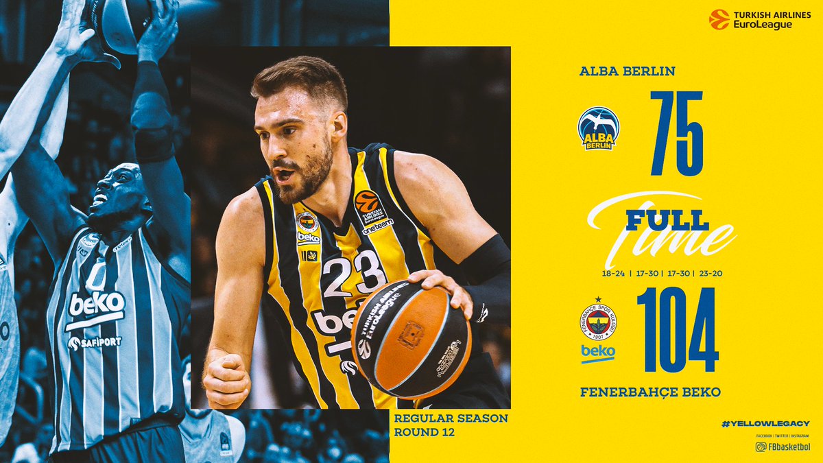 Mercedes-Benz Arena’da Maç Bizim! 💪 Tebrikler Fenerbahçe Beko! 👏 Maç Sonucu | @albaberlin 🆚 Fenerbahçe Beko: 75-104 Skor dağılımımız: Edwards 13, Guduric 13, Motley 11, Hayes-Davis 10, Booker 10, Calathes 10, Metecan 10, Jekiri 10, Melih 8, İsmet 5, Şehmus 4. #YellowLegacy