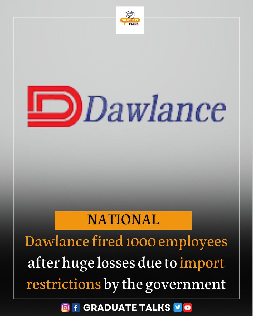 graduatetalkspk's tweet photo. Dawlance fired 1000 employees and 2000 further employees' jobs are at risk after import restrictions by the government.
Complete Details: https://t.co/1dVkAD3jDa
_____
#news #pakisrtan #economy
#کھا_گئے_سارا_پاکستان https://t.co/BoAJVM5MFY