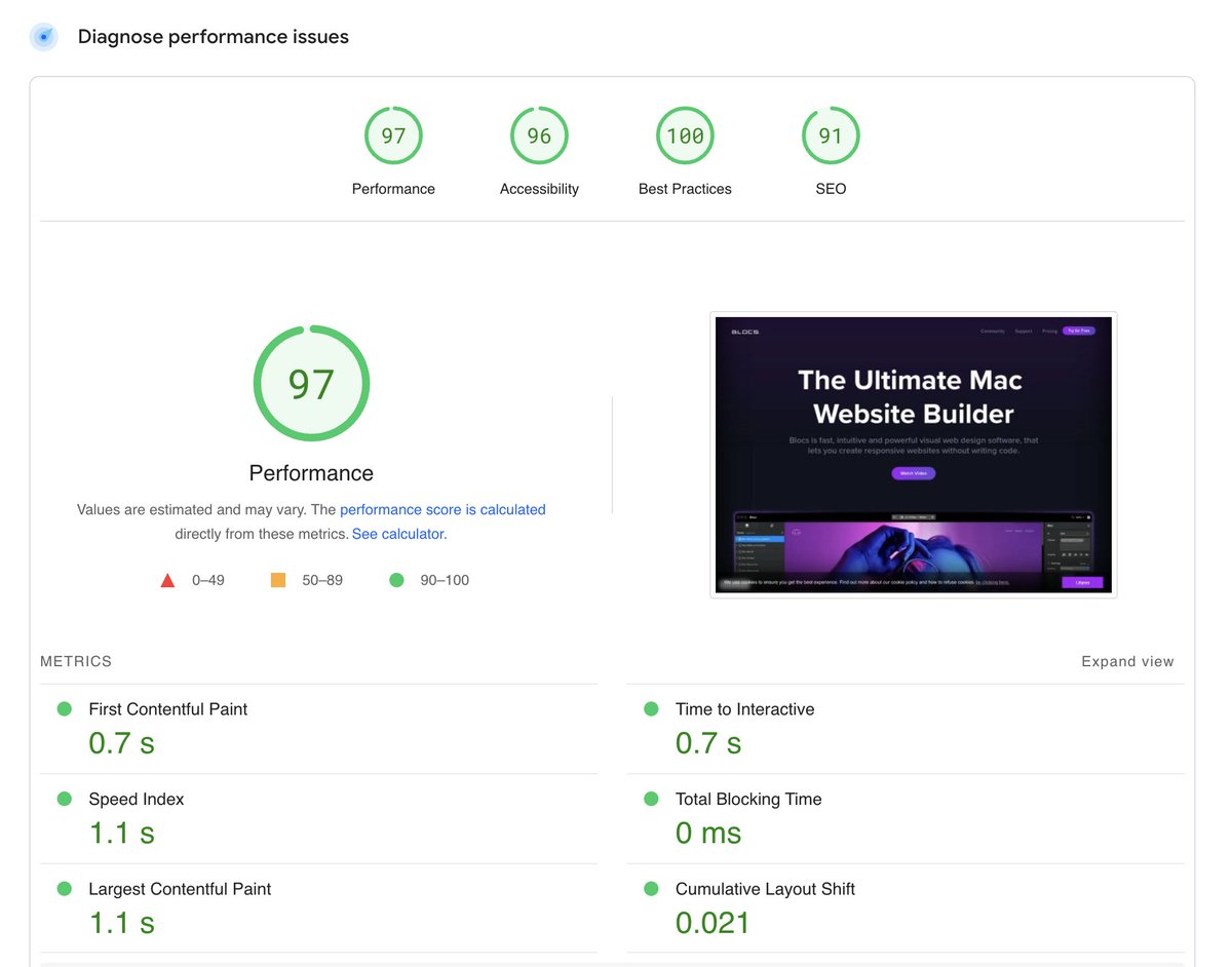 The Google Page Speed Insights score for the <a href="/blocsapp/">Blocsapp.com</a> home page, is a good example of why designers and developers choose Blocs, to build quality #websites.

😎

#BlocsRocks #NoCode #WebDesign #WebsiteBuilder