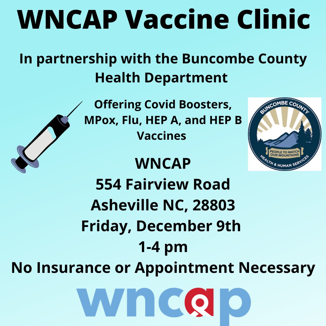 Tomorrow from 1-4 pm, the Buncombe County Health Department will be at our Fairview Road office offering Covid boosters, Mpox, Flu, and HEP A and B vaccines.