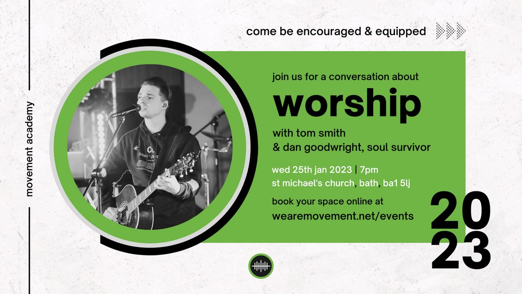weare_movement's tweet photo. Come be encouraged & equipped!
https://t.co/XjFvPqJnZ9
Learn all about Spirit led worship, ask the questions on your mind and get practical with @TomSmith500 & @DanGoodwright from @SoulSurvivorGB.
We can't wait!
@BathWells @GoTeamAdvisers
#MovementAcademy #Jesus #Worship https://t.co/wJtk9DeS4F