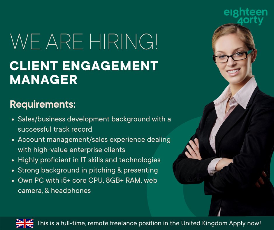1840andCompany's tweet image. We are currently seeking a client engagement manager located in the United Kingdom. Learn more and apply here 👉 bit.ly/3iLLYEr 

#clientengagementmanager #freelancer #UnitedKingdom #remotework