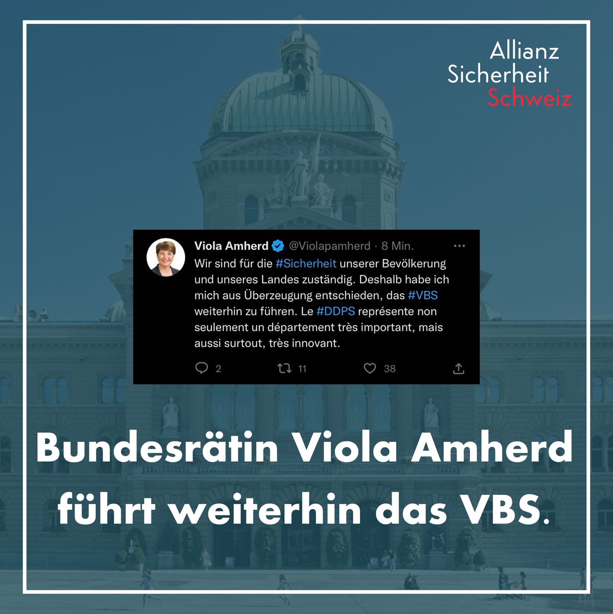 Allianz Sicherheit Schweiz (@sicherheit_ch) on Twitter photo Der BR hat die Verteilung der sieben Departemente vorgenommen und die Stellvertretungen geregelt. Wie Bundesrätin <a href="/Violapamherd/">Viola Amherd</a> auf #Twitter schreibt, hat sie sich "aus Überzeugung entschieden, das <a href="/vbs_ddps/">VBS - DDPS</a> weiterhin zu führen".
Wir wünschen viel Freude und Erfolg im Amt! Der BR hat die Verteilung der sieben Departemente vorgenommen und die Stellvertretungen geregelt. Wie Bundesrätin <a href="/Violapamherd/">Viola Amherd</a> auf #Twitter schreibt, hat sie sich "aus Überzeugung entschieden, das <a href="/vbs_ddps/">VBS - DDPS</a> weiterhin zu führen".
Wir wünschen viel Freude und Erfolg im Amt!
