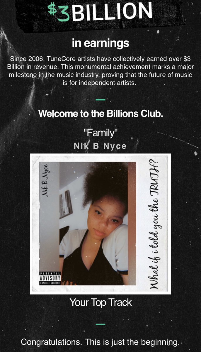 Such an amazing accomplishment. Thank you to everyone who supported the album and this record. @TuneCore @iTunes @Pandora @SiriusXM @2hotradio As an independent artist it can be challenging but it’s worth it. Welcome to the #BillionsClub 🥰👏🏼
