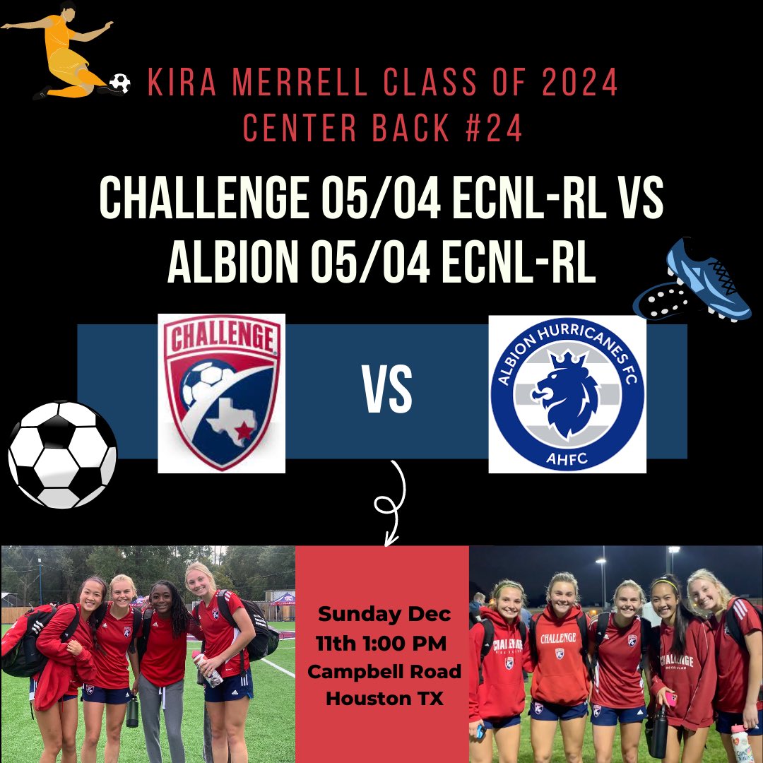 Last game of the fall season is a H-town showdown‼️ <a href="/challe04ecnl_rl/">Challenge 04/05 ECNL-RL Alumnae</a> vs <a href="/Albion_05ECNLRL/">Albion 05 ECNL-RL</a> See y’all out there! <a href="/ChallengeSoccer/">Challenge Soccer Club</a> <a href="/ImYouthSoccer/">ECNL/GA/Recruiting/College Soccer</a> <a href="/ImCollegeSoccer/">College Soccer Truth ™</a>