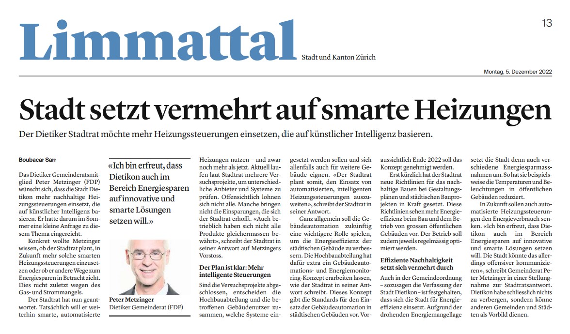Immer mehr Städte setzen auf smarte #Heizungssteuerungen, die auf künstlicher Intelligenz basieren und die #Energieeffizienz erhöhen.
So auch die <a href="/StadtDietikon/">Stadt Dietikon</a>, Bravo👏!