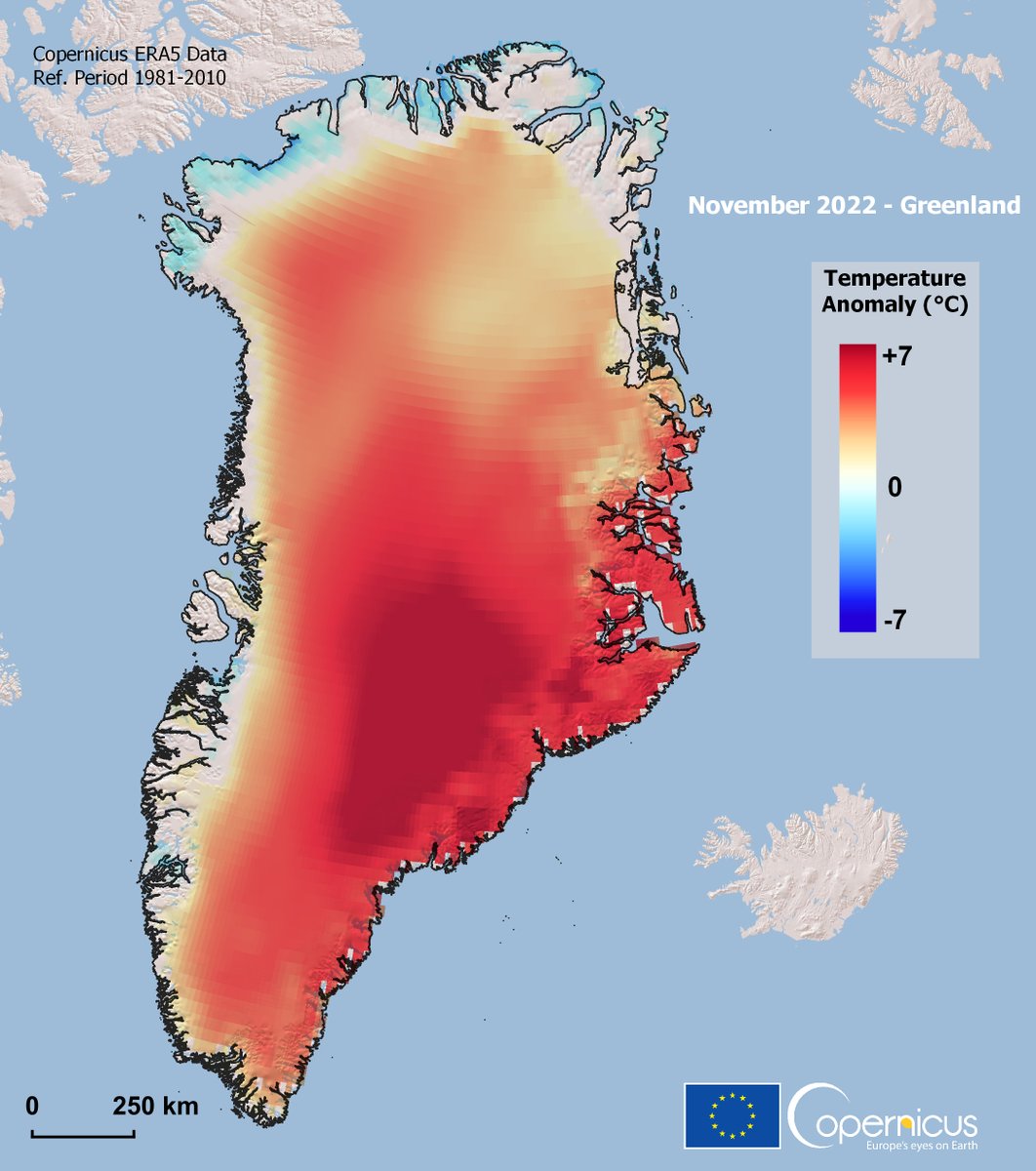 SatWorld (@or_bit_eye) on Twitter photo 🔴🌡️⚠️November 2022 has been another warmer-than-average month for #Greenland, according to the <a href="/CopernicusECMWF/">Copernicus ECMWF</a> #ERA5 data. The average value is about +2.5°C while the maximum went beyond +7°C. Numbers are smaller than those of October, but still worrying. #ClimateEmergency 🔴🌡️⚠️November 2022 has been another warmer-than-average month for #Greenland, according to the <a href="/CopernicusECMWF/">Copernicus ECMWF</a> #ERA5 data. The average value is about +2.5°C while the maximum went beyond +7°C. Numbers are smaller than those of October, but still worrying. #ClimateEmergency