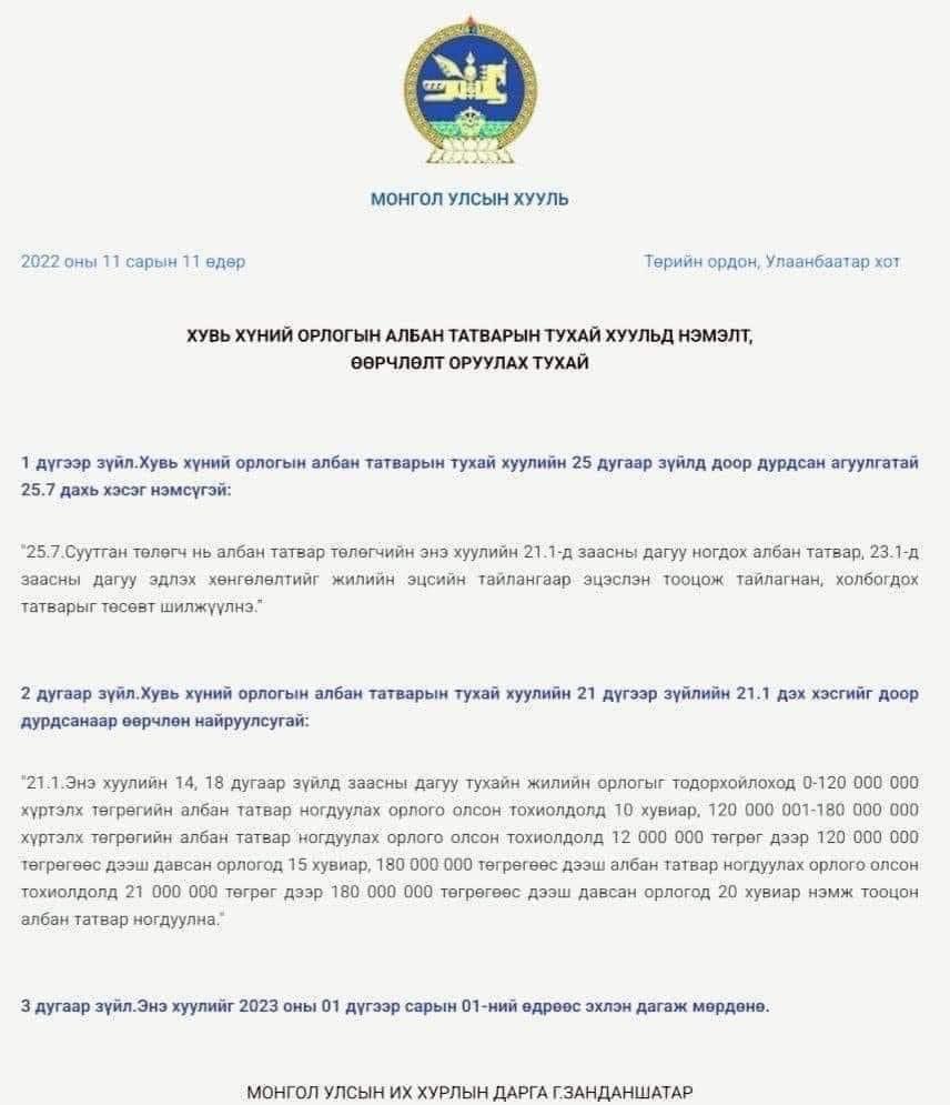 хуулийн ийм нэмэлт өөрчлөлт батлагдсан байгааг legalinfo.mn сайтаас ороод үзээрэй. 
та хувь хүний орлогын тайланг гаргана. тайлагнасан дүнгийн чинь 10-20%-г татвар болгож төсөвт шилжүүлнэ гээд заасан байна шүү.