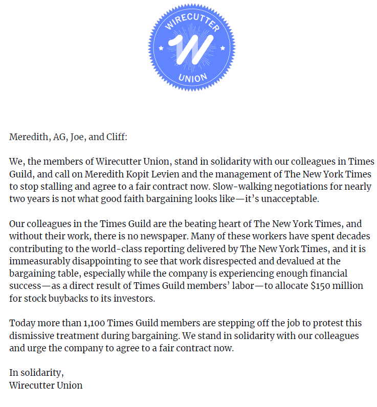 We've just sent this letter to management in support of our @NYTimesGuild colleagues.