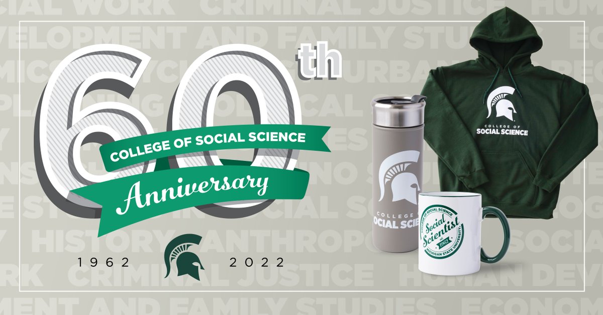 Make the season bright, with some green and white! Join us in celebrating our 60th birthday! To honor this milestone, we are selling college gear on <a href="/shopmsuedu/">Michigan State University shop.msu.edu</a>

All proceeds go to benefit our student emergency fund. 
#MSUSocialScience60
