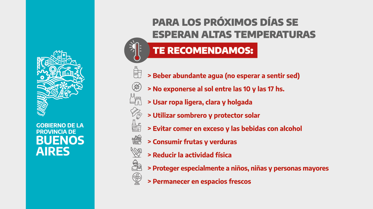 RECOMENDACIONES FRENTE A LAS ALTAS TEMPERATURAS ☀️  
  
Te invitamos a seguir y compartir estos consejos con tu familia y amigos para atravesar los días de alta temperatura.