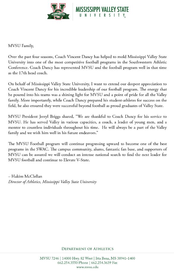 MVSUDevilSports's tweet photo. Athletic Director Hakim McClellan’s statement regarding Head Coach Vincent Dancy.

#BattleTestedWeReady ⚔️

#ElevateVState 🟢

#ValleyInMotion ⚪️ https://t.co/garcanXsz2