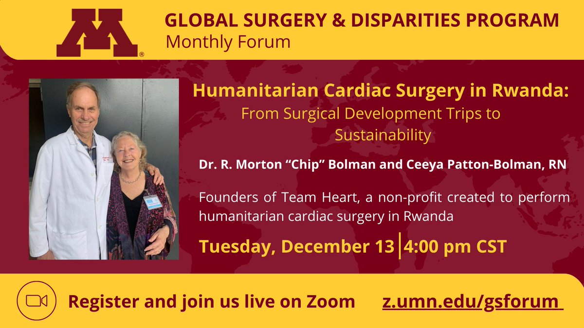 Join us on Tuesday for our Global Surgery Monthly Forum - 'Humanitarian Cardiac Surgery in Rwanda: From Surgical Development Trips to Sustainability.' Register via Zoom: z.umn.edu/gsforum #globalsurgery