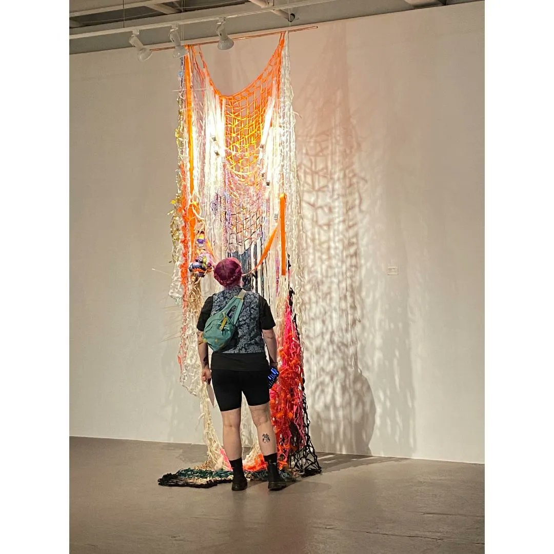 Join us TONIGHT <a href="/7PM/">Huong Le</a> for Zipporah's artist talk! 
1st pic:Zipporah Thompson, 'carolina gold', stoneware, oxides, glazes, vinyl, custom digitally printed fabrics &amp; more, 2021-2022 2nd pic:Zipporah, 'low country', handwoven/knotted nets, wool, found pennant flags, &amp; more 2021-2022