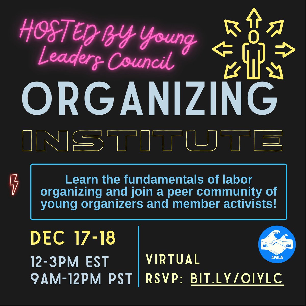 APALA's Young Leaders Council is hosting a virtual Organizing Institute this month! This OI will build up a community of young leaders mentoring each other in our organizing journeys.

Register: bit.ly/OIYLC

No organizing or union experience needed to participate.