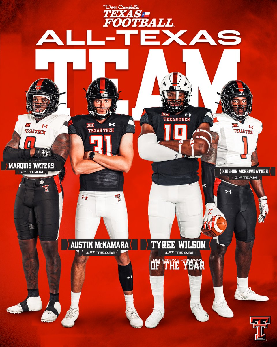 The finest in Texas. We had 4️⃣ Red Raiders named to the @dctf All-Texas Team, and @tyreewilson77 is their Defensive Lineman of the Year. 👏 #WreckEm | #WhatsNexŦ