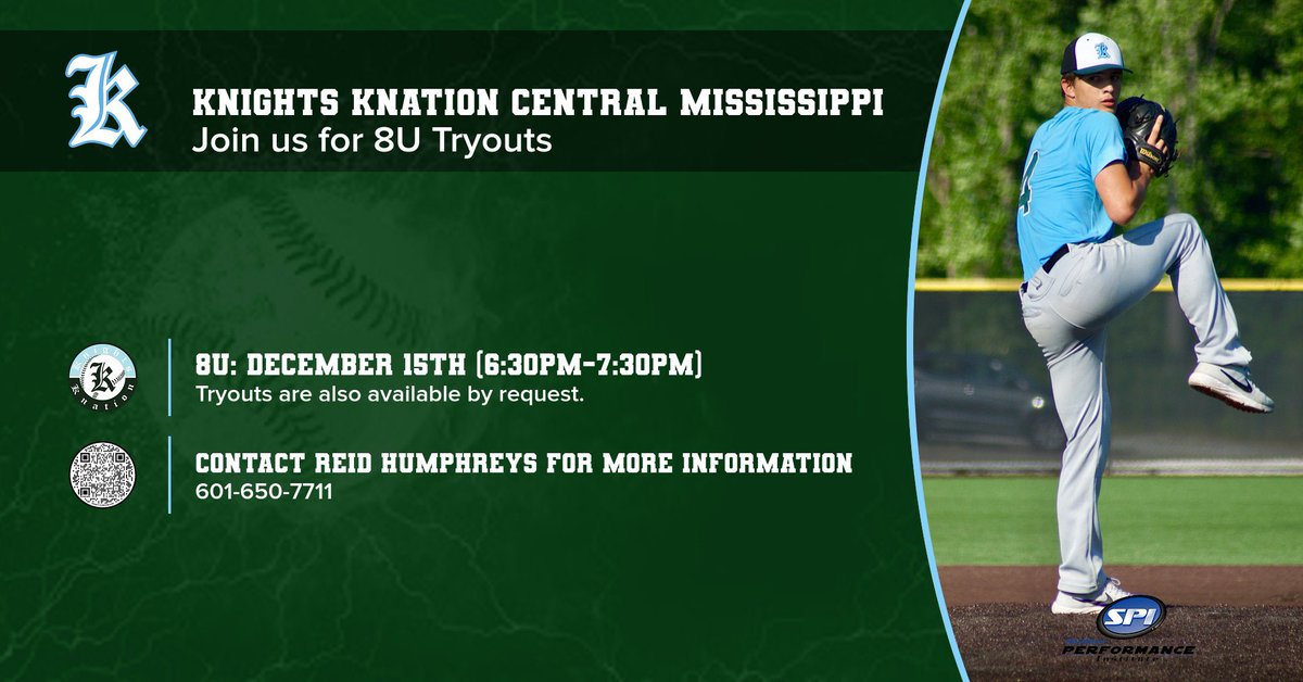 Knights Knation Baseball Mississippi (@knightsms_) on Twitter photo 🚨8U TRYOUTS 12/15🚨
We will be hosting a tryout for our 8U age group next Thursday, December 15th!
Interested in trying out? Contact Coach Reid Humphreys or send us an email at info@southernperformanceinstitute.com 📧 🚨8U TRYOUTS 12/15🚨
We will be hosting a tryout for our 8U age group next Thursday, December 15th!
Interested in trying out? Contact Coach Reid Humphreys or send us an email at info@southernperformanceinstitute.com 📧