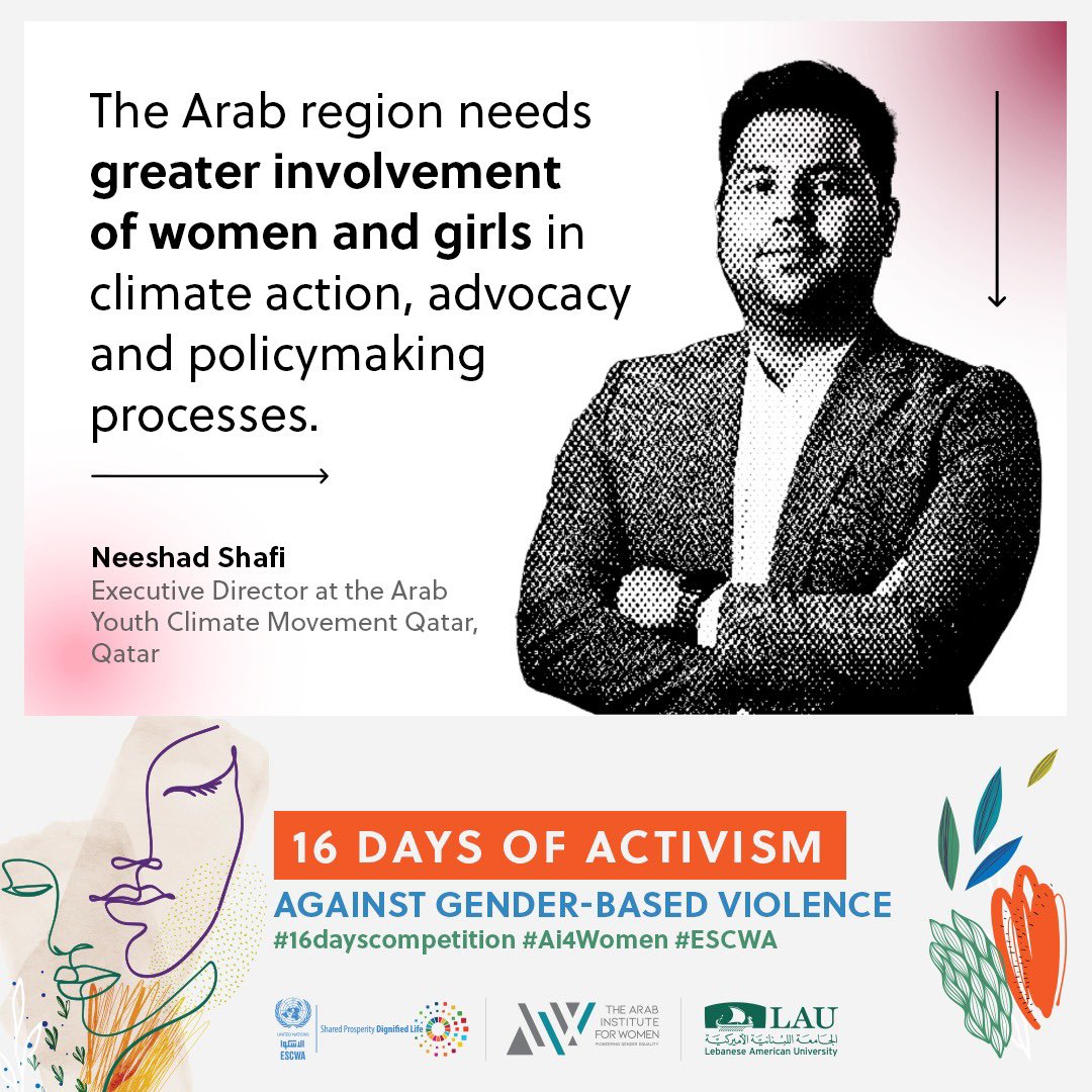 UNESCWA's tweet photo. As part of #ESCWA and @Ai4Women #16Days of Activism against Gender-based Violence campaign, @ineeshadvs highlights women’s participation in climate action.

🖼️ Designed by: Talia Lana Hijazi
#16DaysOfActivism #16DaysOfActivism2022 https://t.co/1bZXQK1kZo
