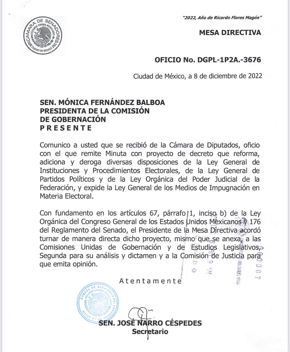 monicaferbal's tweet photo. 1-2 📄 Recibimos en la Comisión de Gobernación, que me honro en presidir, el Turno Directo de las minutas de @MX_Diputados relativas a la #ReformaElectoral.
 Ambas minutas se turnaron a las Comisiones Unidas de Gobernación y de Estudios Legislativos Segunda… https://t.co/DBd6MNGdg2
